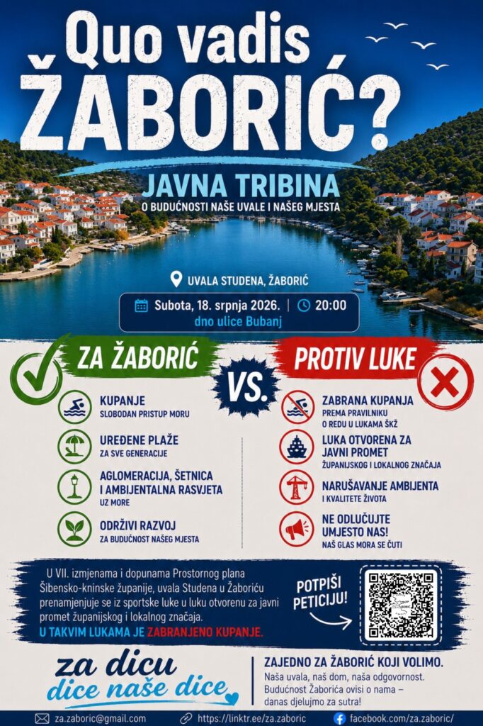 Udruga “Za Žaborić” poziva na javnu tribinu o budućnosti uvale Studena i izmjenama Prostornog plana
