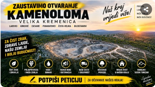 Peticija: Zaustavimo otvaranje kamenoloma Velika Kremenica – zaštitimo naša sela, poljoprivredu i okoliš